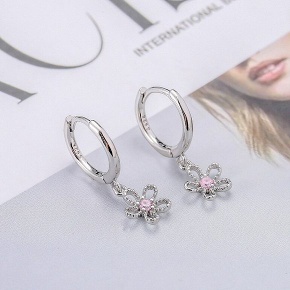 NEW Silver Gold Simple Sweet Flower Hoop Earring - Picture 4 of 6